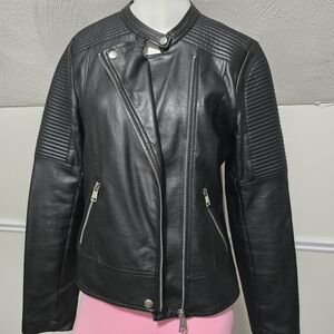 Lily Morgan Women’s Quilted Shoulder Black Faux Leather Jacket Size Small